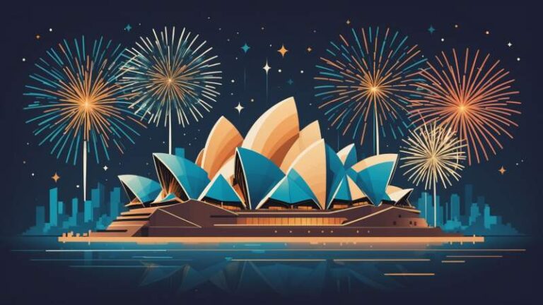 Minimalist illustration of New Year's Eve symbols including a clock, fireworks, and the Sydney Opera House silhouette representing the holiday in Australia.