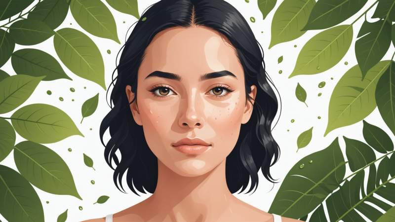 A minimalist illustration of a bare face silhouette with natural leaves and water droplets symbolizing a no-makeup day in Australia.