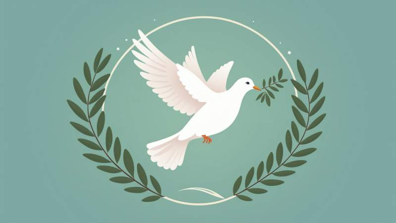 A white dove carrying an olive branch with soft glowing circles and eucalyptus leaves symbolizing peace for International Day of Non-Violence in Australia