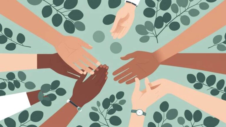 Illustration of intertwined hands and speech bubbles symbolizing reunion with old friends, with eucalyptus leaves representing Australia.