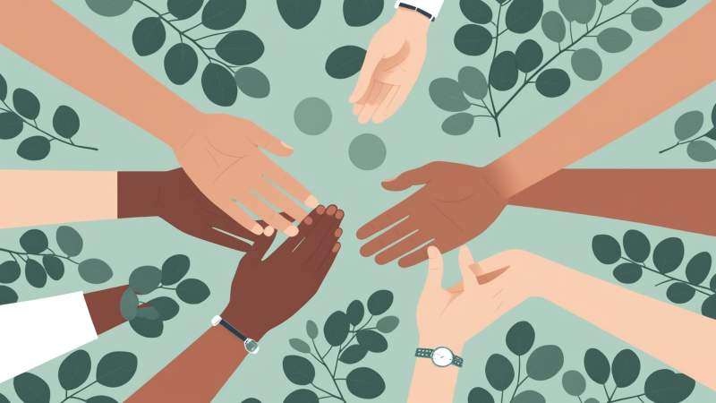 Illustration of intertwined hands and speech bubbles symbolizing reunion with old friends, with eucalyptus leaves representing Australia.