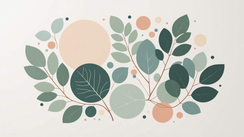 Minimalist illustration of overlapping pastel circles and eucalyptus leaves symbolizing peaceful coexistence in Australia.