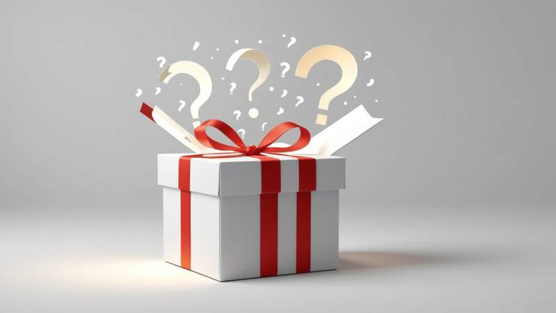 A minimalist illustration of an open gift box with glowing light and floating question marks symbolizing pleasant surprises in Australia.
