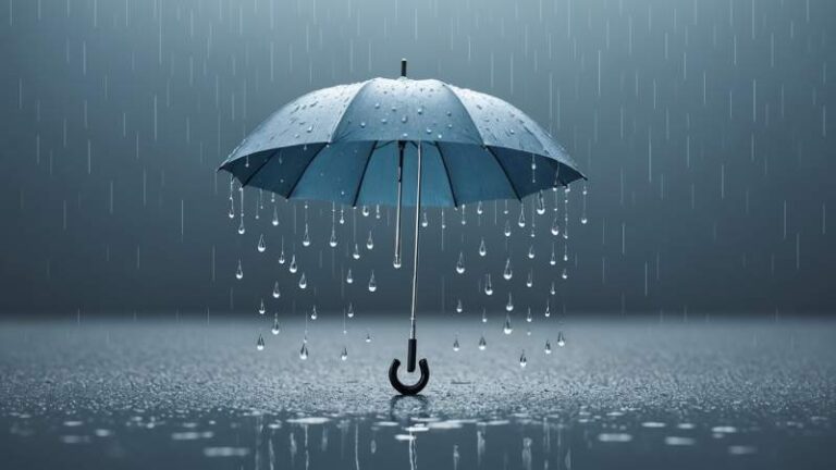 Minimalist illustration of raindrops and an umbrella symbolizing Rain Day in Australia.