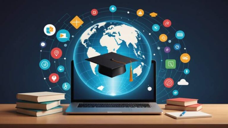 A minimalist flat design illustration of a laptop surrounded by floating educational icons symbolizing remote learning in Australia.