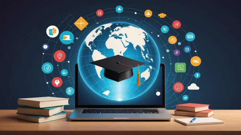 A minimalist flat design illustration of a laptop surrounded by floating educational icons symbolizing remote learning in Australia.