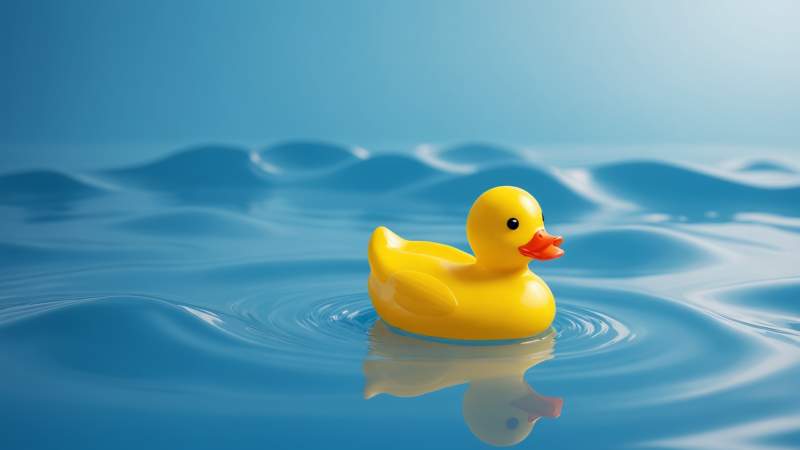 A bright yellow rubber duck floating on stylized blue water waves symbolizing Rubber Duck Day in Australia.
