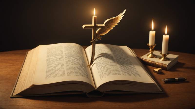 An elegant vector illustration of an ancient book with a quill and a subtle halo symbolizing Saint Bartholomew's Day in Australia.