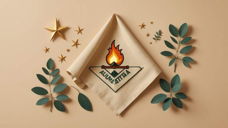 An elegant vector illustration of a scout neckerchief with a compass and eucalyptus leaves symbolizing scouting in Australia.