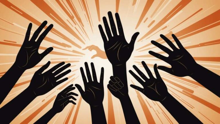 Stylized hands forming sign language gestures with abstract shapes symbolizing communication, inspired by Australian indigenous art.