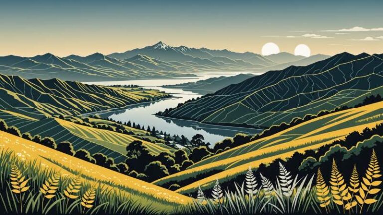 An elegant vector illustration showing symbolic native plants and a stylized map outline representing South Canterbury in New Zealand.