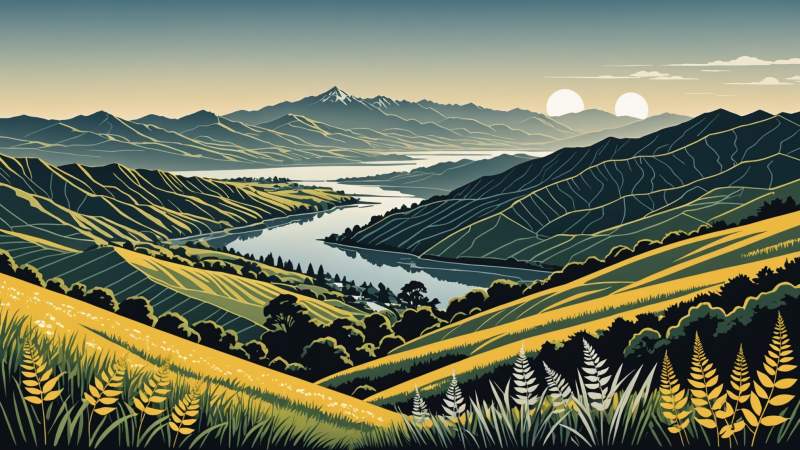 An elegant vector illustration showing symbolic native plants and a stylized map outline representing South Canterbury in New Zealand.
