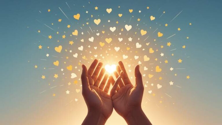 Open hands releasing glowing hearts and stars symbolizing spontaneous kindness in Australia.