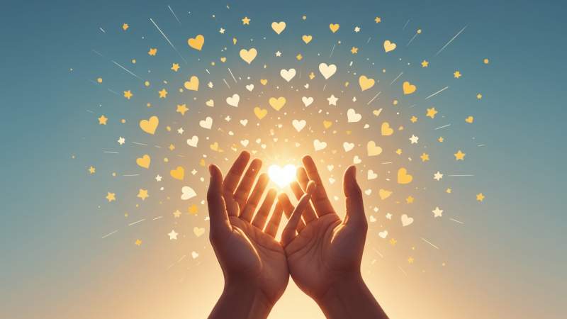 Open hands releasing glowing hearts and stars symbolizing spontaneous kindness in Australia.
