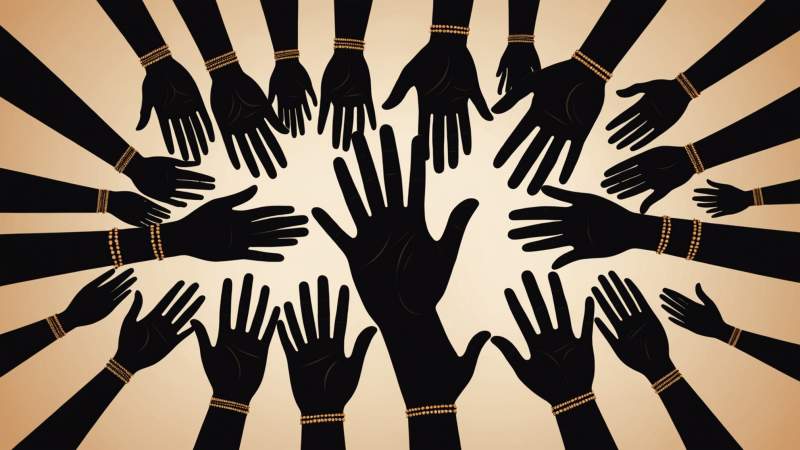 Stylized hands showing different greeting gestures with subtle indigenous patterns symbolizing universal greetings in Australia.