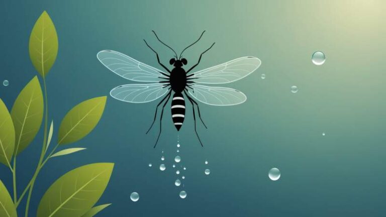 A minimalist vector illustration of a mosquito with water droplets and eucalyptus leaves symbolizing mosquito habitat in Australia.