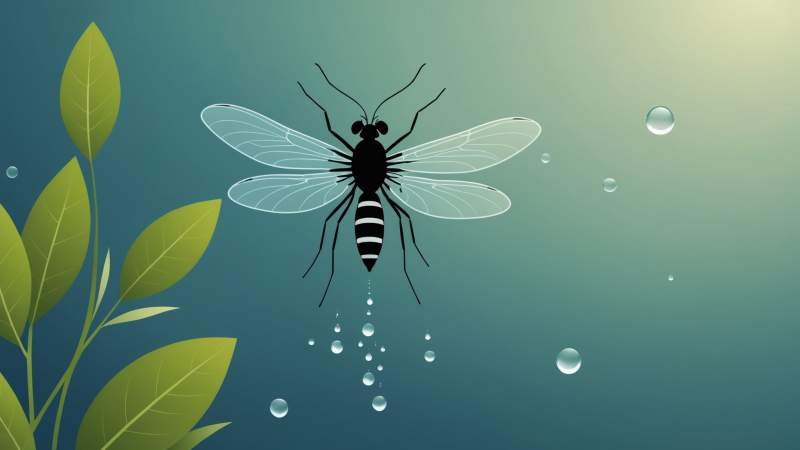A minimalist vector illustration of a mosquito with water droplets and eucalyptus leaves symbolizing mosquito habitat in Australia.