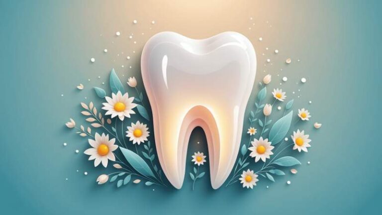 An elegant vector illustration of a glowing tooth surrounded by soft floral elements symbolizing dental health.