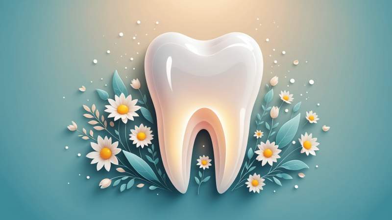 An elegant vector illustration of a glowing tooth surrounded by soft floral elements symbolizing dental health.