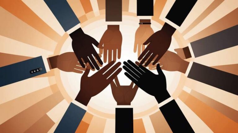 An elegant vector illustration showing interlocking hands of different skin tones and a balanced scale symbolizing justice and unity against racial discrimination in Australia.
