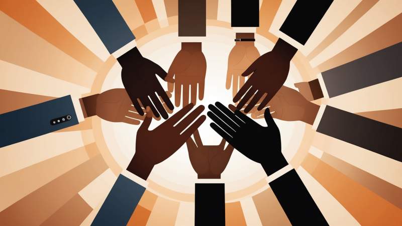 An elegant vector illustration showing interlocking hands of different skin tones and a balanced scale symbolizing justice and unity against racial discrimination in Australia.