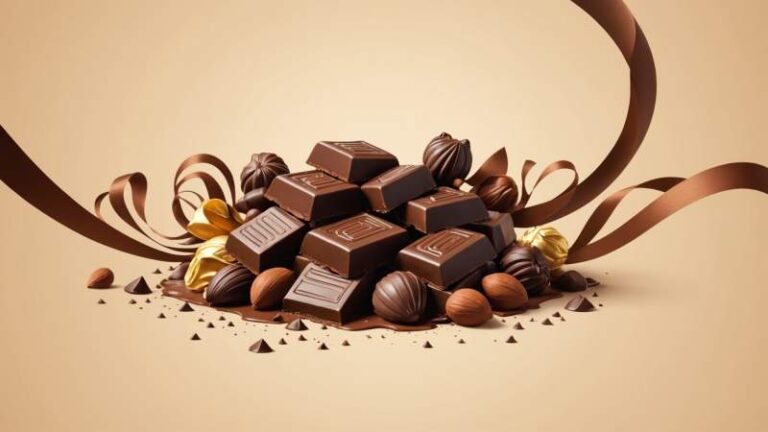 An elegant vector illustration of assorted chocolates and cocoa pods with a eucalyptus leaf on a soft pastel background symbolizing World Chocolate Day in Australia.