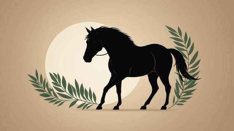 Minimalist illustration of a stylized horse silhouette with eucalyptus leaves and a boomerang symbolizing World Horse Day in Australia.