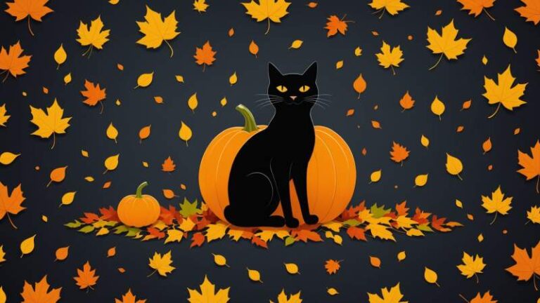 A minimalist illustration of a carved pumpkin, black cat silhouette, and autumn leaves symbolizing All Saints' Day in Australia.