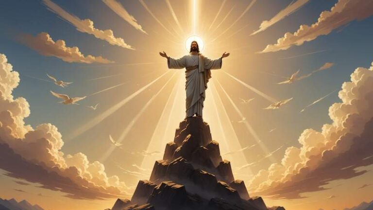 A minimalist illustration showing a radiant light beam ascending above stylized clouds symbolizing the Ascension of Christ.