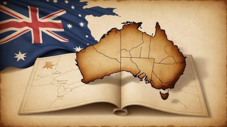An elegant vector illustration showing a stylized Australian map with a Commonwealth Star and a parchment scroll symbolizing the Dominion status.