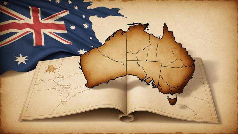 An elegant vector illustration showing a stylized Australian map with a Commonwealth Star and a parchment scroll symbolizing the Dominion status.