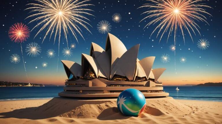 Minimalist illustration of Sydney Opera House with fireworks, a Christmas tree with seashell decorations, and a beach ball on sand symbolizing New Year in Australia.