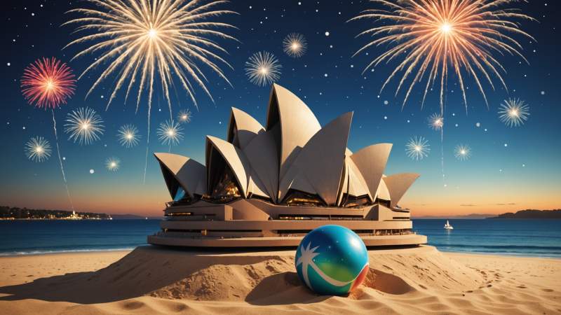 Minimalist illustration of Sydney Opera House with fireworks, a Christmas tree with seashell decorations, and a beach ball on sand symbolizing New Year in Australia.