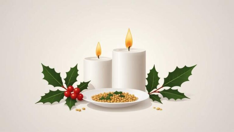 Minimalist illustration of holly, candle, and grains symbolizing the start of the Christmas fast in Australia.