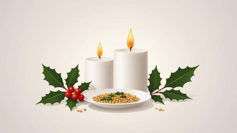 Minimalist illustration of holly, candle, and grains symbolizing the start of the Christmas fast in Australia.