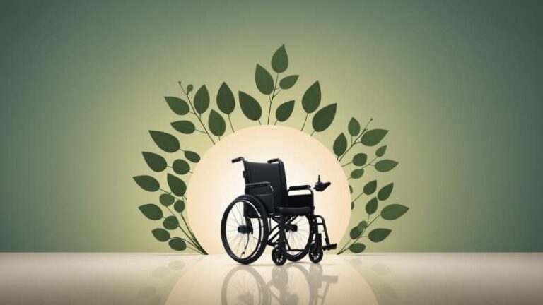An elegant vector illustration showing a wheelchair icon, an open hand, and an Australian eucalyptus leaf symbolizing disability rights and support in Australia.