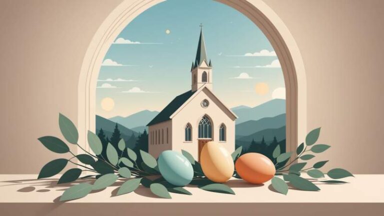 Minimalist illustration of decorated Easter eggs and eucalyptus leaves symbolizing Easter Monday in Australia.