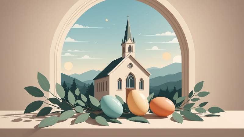 Minimalist illustration of decorated Easter eggs and eucalyptus leaves symbolizing Easter Monday in Australia.