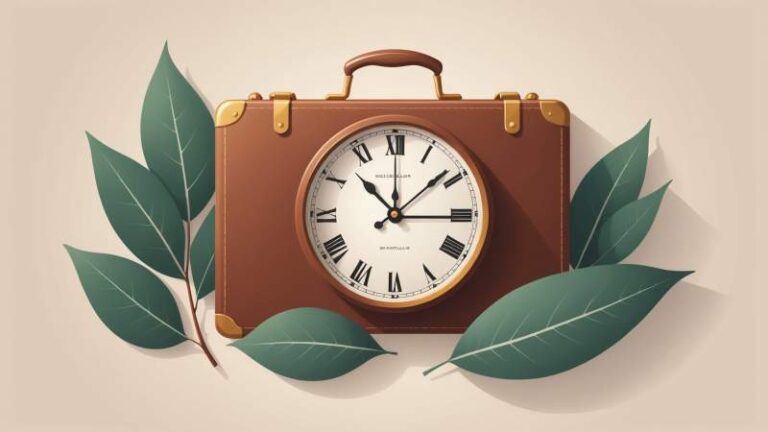 A minimalist illustration showing a clock, briefcase, and eucalyptus leaf symbolizing the eight-hour workday in Australia.