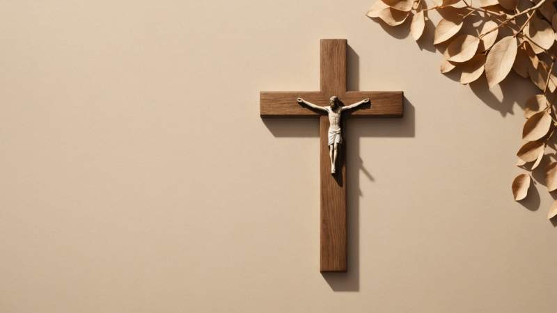 A minimalist illustration of a wooden cross with dry leaves symbolizing Good Friday in Australia