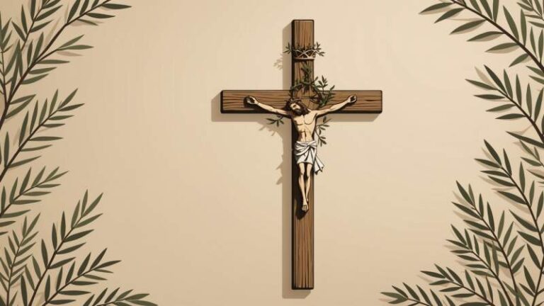 A minimalist illustration showing a wooden cross, crown of thorns, and olive branches symbolizing Holy Week in Australia