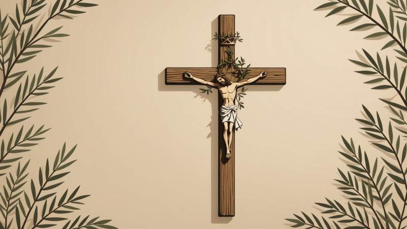 A minimalist illustration showing a wooden cross, crown of thorns, and olive branches symbolizing Holy Week in Australia