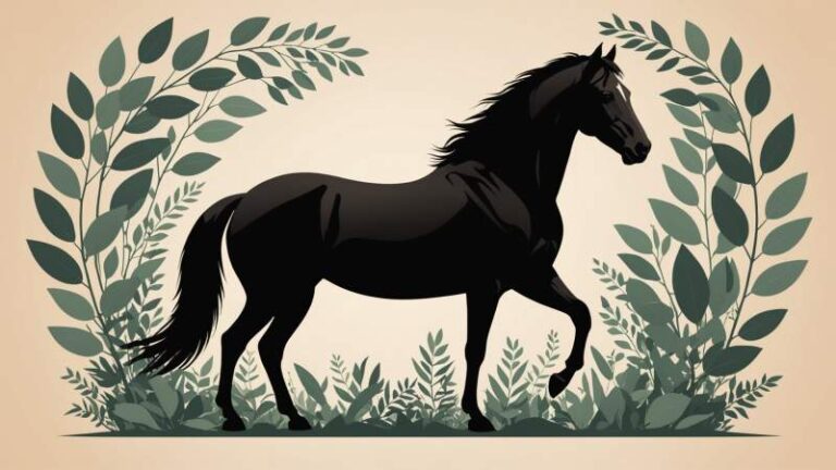 Minimalist illustration of a horse silhouette protected by abstract hands and eucalyptus leaves symbolizing horse protection in Australia.