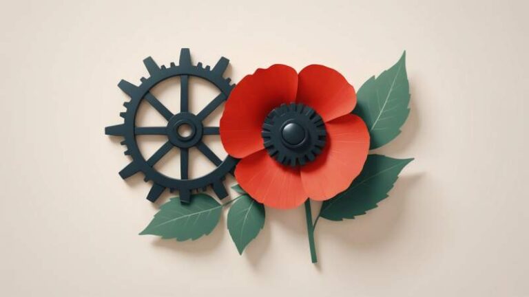Minimalist illustration of a red poppy flower intertwined with a gear wheel and eucalyptus leaves symbolizing Labor Day in Australia.