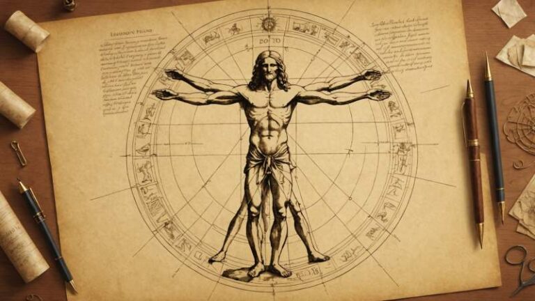 An elegant vector illustration showing Leonardo da Vinci's Vitruvian Man sketch, a quill pen, and parchment papers symbolizing his creativity and inventions.