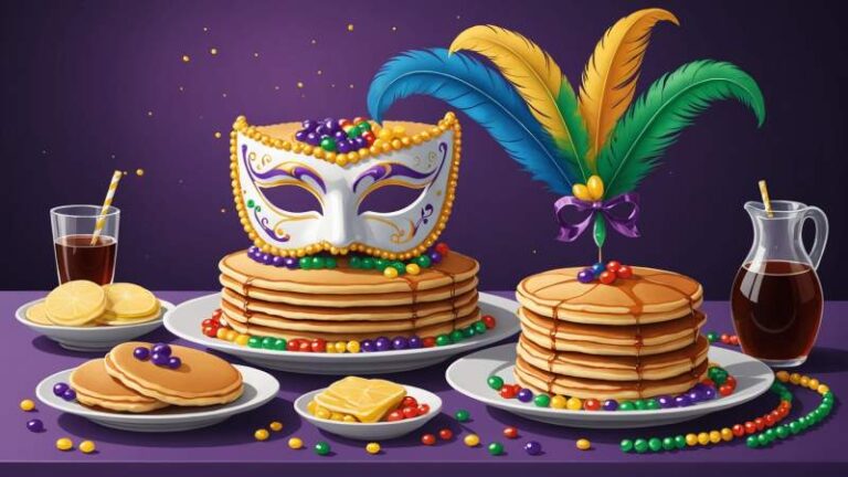 Colorful Mardi Gras beads, a decorative mask, and pancakes symbolizing Fat Tuesday traditions in Australia.