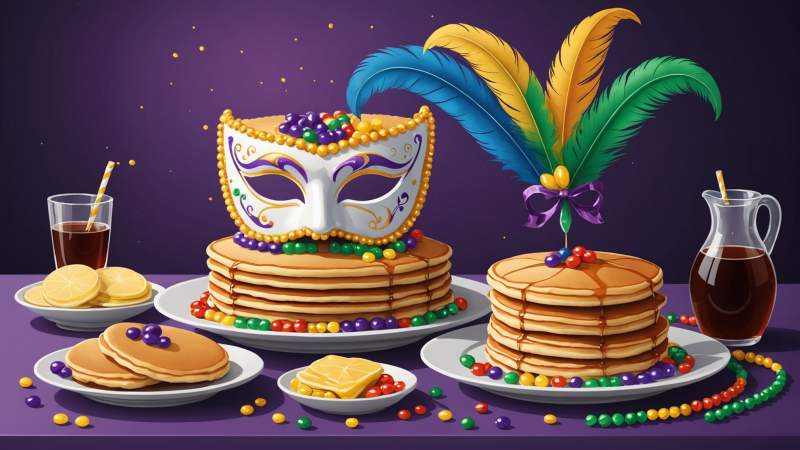 Colorful Mardi Gras beads, a decorative mask, and pancakes symbolizing Fat Tuesday traditions in Australia.