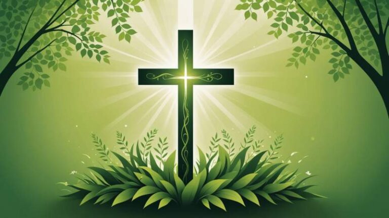 An elegant vector illustration of a glowing cross with green leaves and floral motifs symbolizing the Monday after Pentecost in Australia.