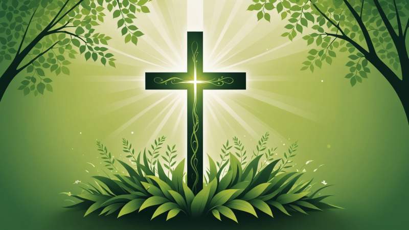 An elegant vector illustration of a glowing cross with green leaves and floral motifs symbolizing the Monday after Pentecost in Australia.