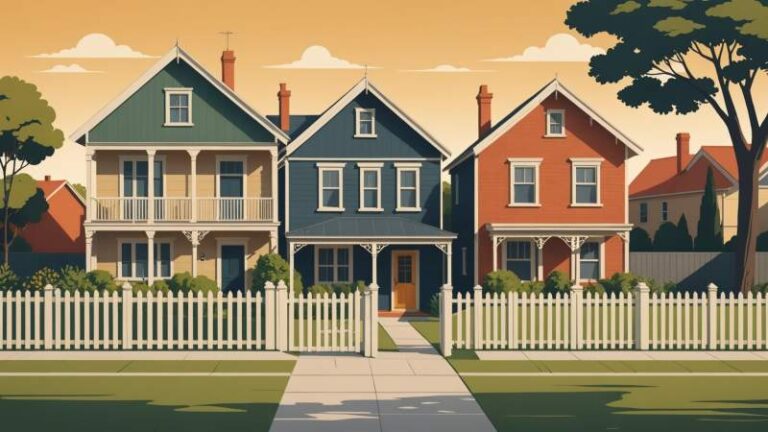 Illustration of two adjacent houses with shared garden and fences symbolizing community for Neighbours Day in Australia.